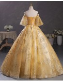 Gold Sequined Tulle Off Shoulder Ballgown Prom Dress With Sleeves