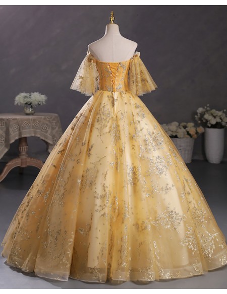 Gold Sequined Tulle Off Shoulder Ballgown Prom Dress With Sleeves