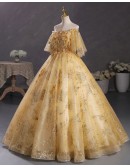 Gold Sequined Tulle Off Shoulder Ballgown Prom Dress With Sleeves