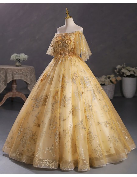 Gold Sequined Tulle Off Shoulder Ballgown Prom Dress With Sleeves