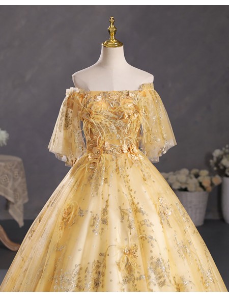 Gold Sequined Tulle Off Shoulder Ballgown Prom Dress With Sleeves