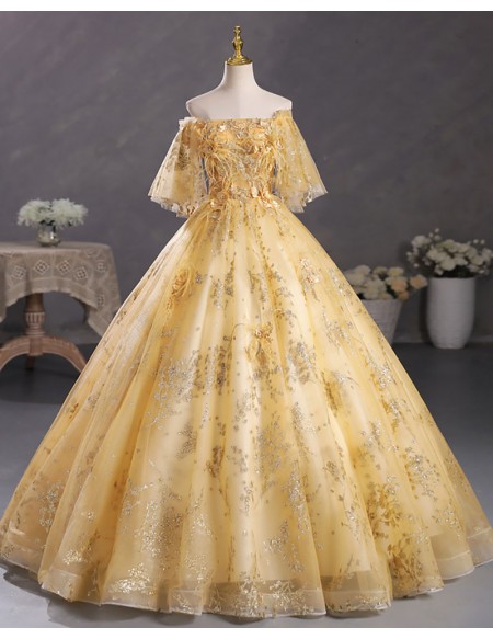 Gold Sequined Tulle Off Shoulder Ballgown Prom Dress With Sleeves