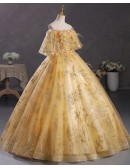 Gold Sequined Tulle Off Shoulder Ballgown Prom Dress With Sleeves