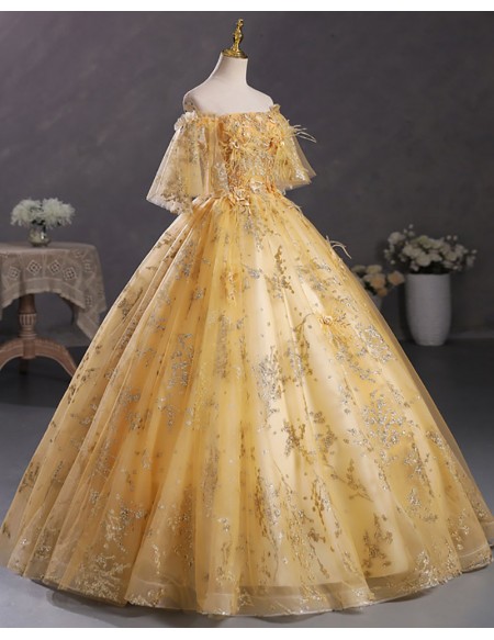 Gold Sequined Tulle Off Shoulder Ballgown Prom Dress With Sleeves