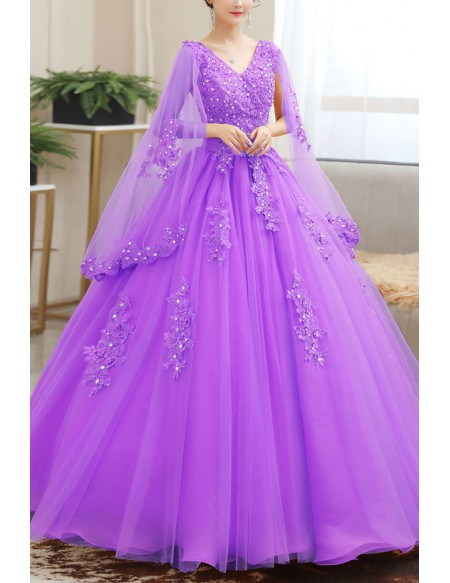 Beaded Lace Tulle Cape Sleeved Ballgown Prom Dress For Formal