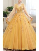 Beaded Lace Tulle Cape Sleeved Ballgown Prom Dress For Formal