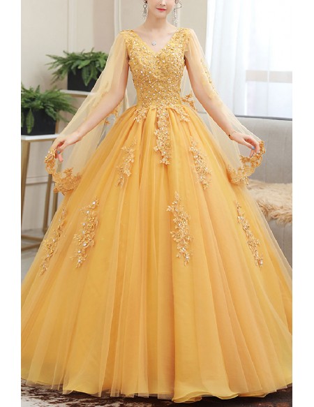 Beaded Lace Tulle Cape Sleeved Ballgown Prom Dress For Formal