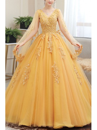 Beaded Lace Tulle Cape Sleeved Ballgown Prom Dress For Formal