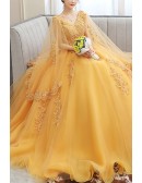 Beaded Lace Tulle Cape Sleeved Ballgown Prom Dress For Formal