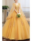 Beaded Lace Tulle Cape Sleeved Ballgown Prom Dress For Formal