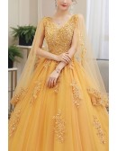 Beaded Lace Tulle Cape Sleeved Ballgown Prom Dress For Formal