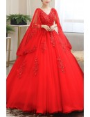 Beaded Lace Tulle Cape Sleeved Ballgown Prom Dress For Formal