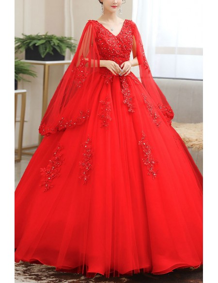 Beaded Lace Tulle Cape Sleeved Ballgown Prom Dress For Formal