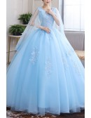 Beaded Lace Tulle Cape Sleeved Ballgown Prom Dress For Formal