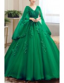 Beaded Lace Tulle Cape Sleeved Ballgown Prom Dress For Formal