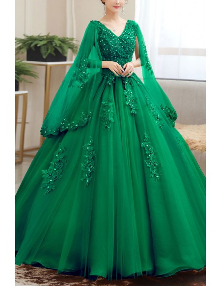 Beaded Lace Tulle Cape Sleeved Ballgown Prom Dress For Formal