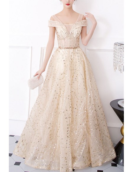 Gorgeous Cold Shoulder Sheer Bodice Long Prom Dress With Sequins