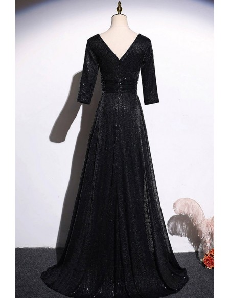Long Black Sequined Vneck Formal Dress With Sleeves