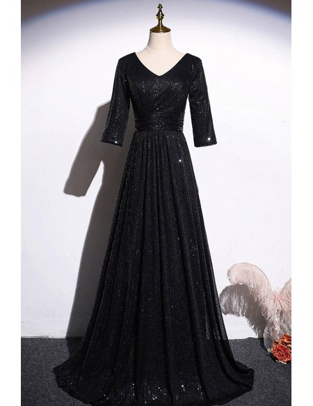 Long Black Sequined Vneck Formal Dress With Sleeves