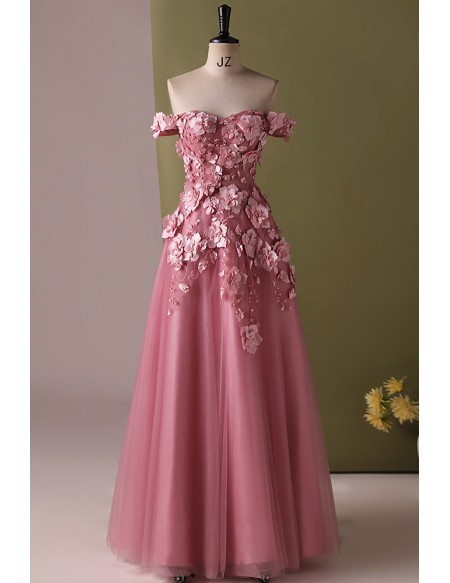 Off Shoulder Flowers Aline Long Party Dress
