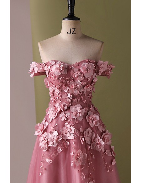 Off Shoulder Flowers Aline Long Party Dress
