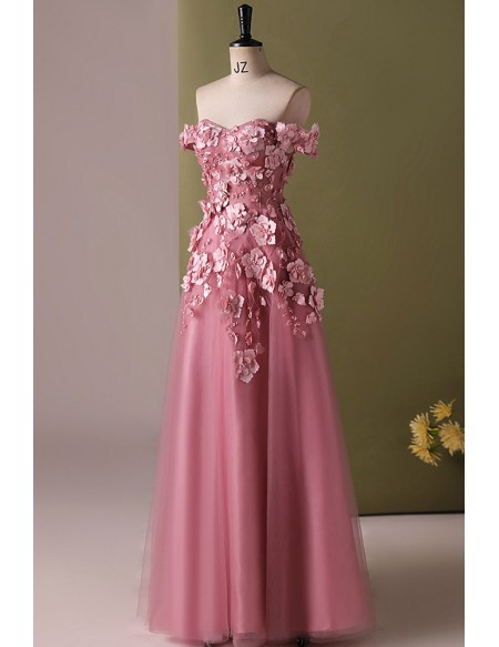Off Shoulder Flowers Aline Long Party Dress