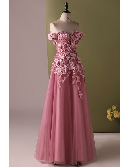 Off Shoulder Flowers Aline Long Party Dress