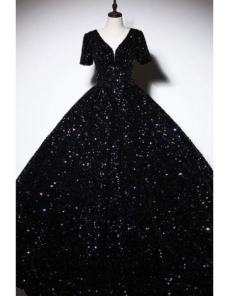 Sparkly Black Sequined Ballgown Prom Dress With Sleeves