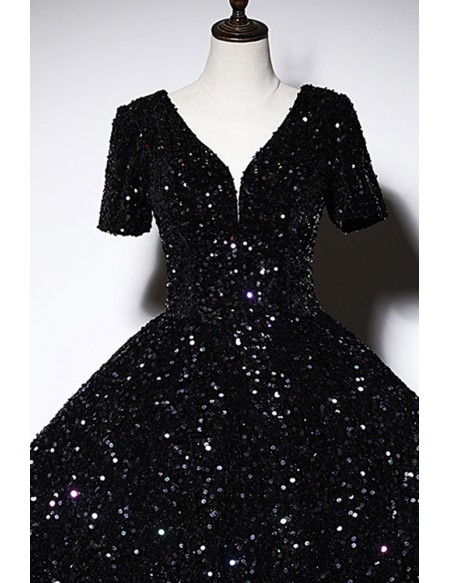 Sparkly Black Sequined Ballgown Prom Dress With Sleeves