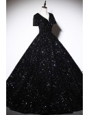 Sparkly Black Sequined Ballgown Prom Dress With Sleeves