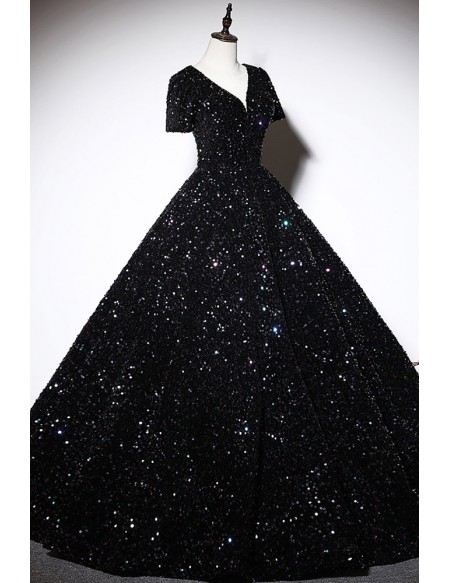 Sparkly Black Sequined Ballgown Prom Dress With Sleeves