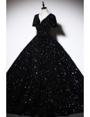 Sparkly Black Sequined Ballgown Prom Dress With Sleeves