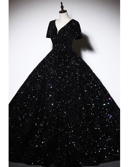 Sparkly Black Sequined Ballgown Prom Dress With Sleeves