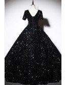 Sparkly Black Sequined Ballgown Prom Dress With Sleeves