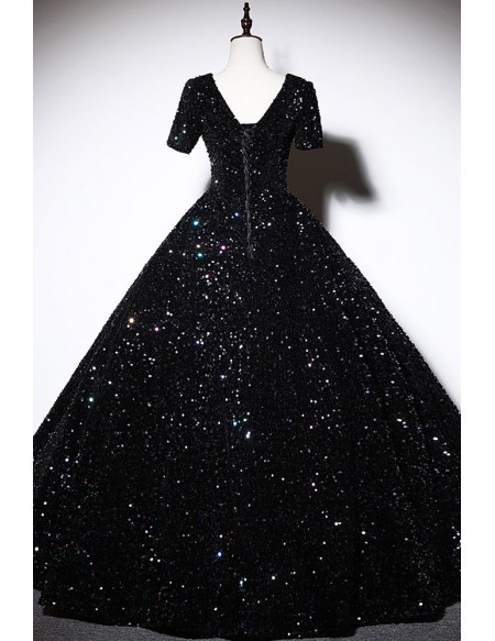 Sparkly Black Sequined Ballgown Prom Dress With Sleeves