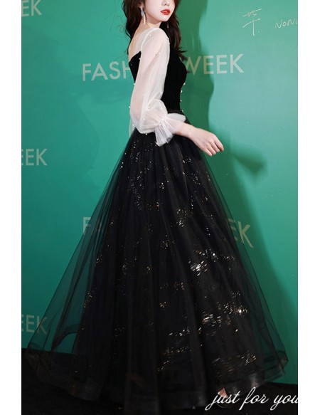 Long Sleeved Black Bling Tulle Prom Dress