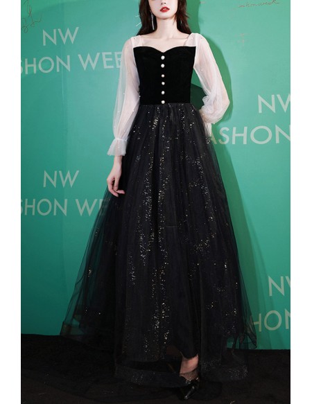 Long Sleeved Black Bling Tulle Prom Dress
