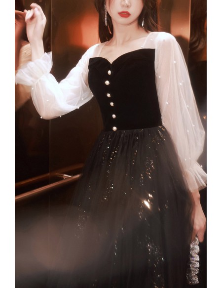 Long Sleeved Black Bling Tulle Prom Dress