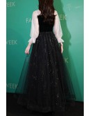 Long Sleeved Black Bling Tulle Prom Dress