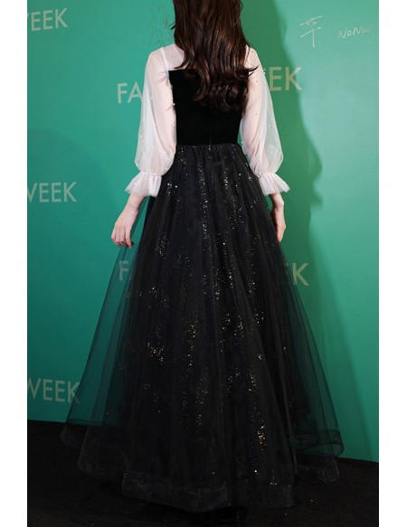 Long Sleeved Black Bling Tulle Prom Dress