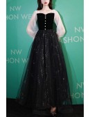 Long Sleeved Black Bling Tulle Prom Dress