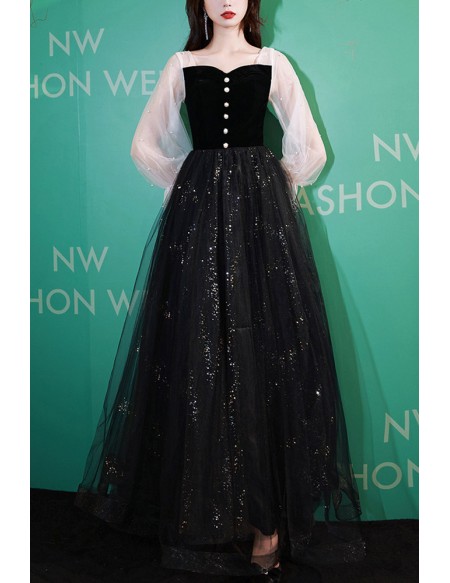 Long Sleeved Black Bling Tulle Prom Dress