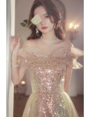 Sparkly Champagne Sequined Long Prom Dress With Off Shoulder