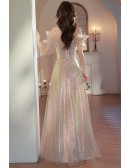 Sparkly Champagne Sequined Long Prom Dress With Off Shoulder