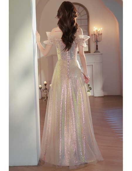 Sparkly Champagne Sequined Long Prom Dress With Off Shoulder