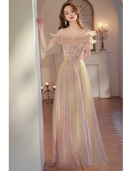 Sparkly Champagne Sequined Long Prom Dress With Off Shoulder
