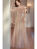 Sparkly Champagne Sequined Long Prom Dress With Off Shoulder