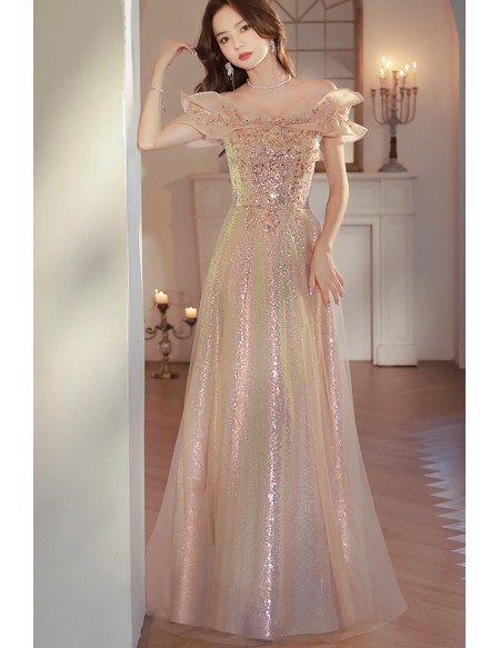 Sparkly Champagne Sequined Long Prom Dress With Off Shoulder