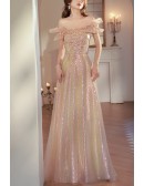 Sparkly Champagne Sequined Long Prom Dress With Off Shoulder