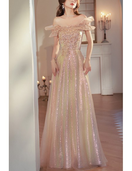 Sparkly Champagne Sequined Long Prom Dress With Off Shoulder